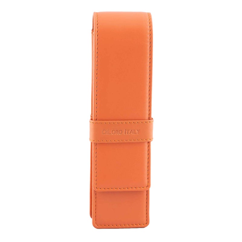 DiLoro Leather Double Pen Case Pencil Pouch Holder for Two Fountain Ballpoint Rollerball Pens and Pencils (Orange) - Image 1